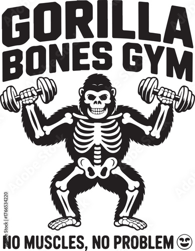 Gorilla Bones Gym ape lifting dumbbells comic style t shirt design fitness workout