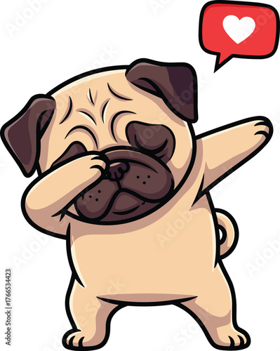 Adorable pug dog performing the popular dab dance move with a heart icon in a speech bubble vector illustration
