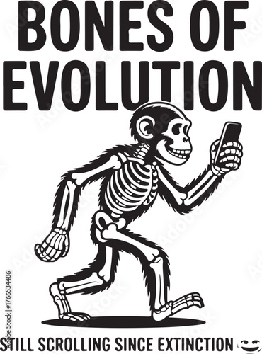Monkey holding smartphone Bones of Evolution still scrolling since extinction skeleton monkey technology
