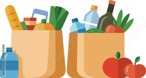 Two grocery bags filled with food and drinks shopping