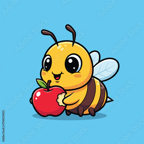 Adorable cartoon bee happily nibbling on a bright red apple against a simple blue background vector illustration