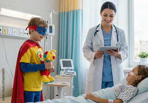 doctor visit superhero child at hospital