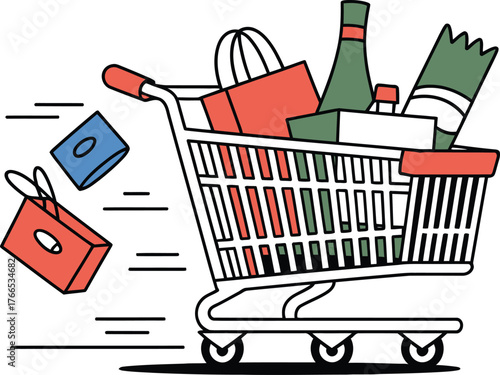 Shopping cart overflowing with groceries and falling bags