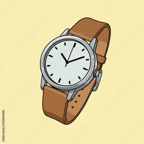 Classic wristwatch with white face and brown leather strap isolated on a pale yellow background vector illustration