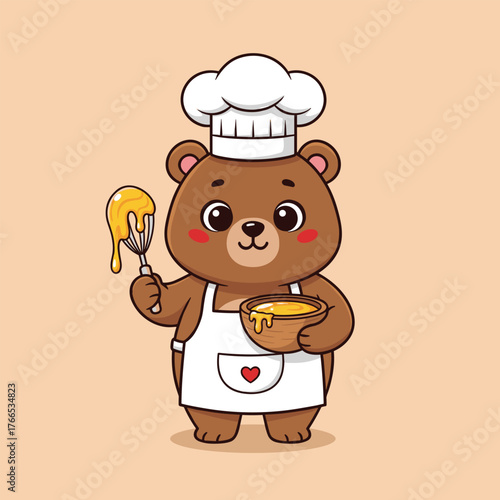 Adorable cartoon bear chef wearing a toque and apron holding a bowl and whisk with honey vector illustration