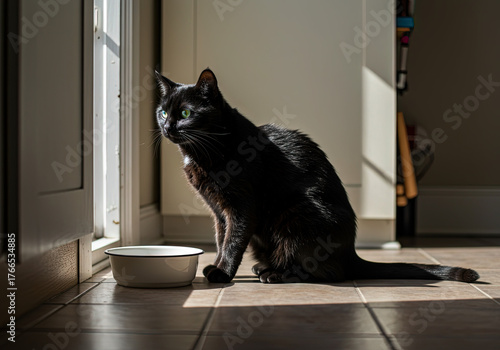 black cat waiting food at home
