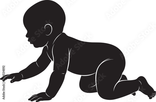 Crawling baby silhouette, infant movement pose, black child icon, early development vector, baby milestone illustration, toddler crawling graphic, childhood growth symbol