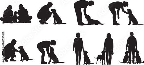 Dog silhouette interaction, pet bonding, human affection, training pose, emotional connection, playful moment, leash walking, sitting dog, hugging pet, outdoor companionship