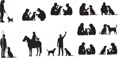 Animal interaction silhouette, pet bonding, dog companionship, horse riding, family moment, outdoor scene, emotional connection, playful pets, sitting pose, leash walking, affection