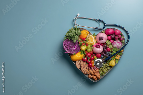 Healthy lifestyle concept with heart plate, fruits, and stethoscope in blue