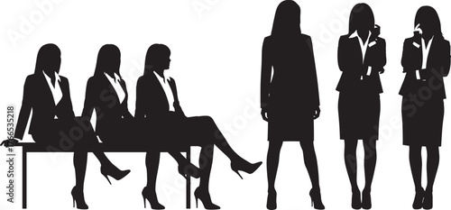 Businesswomen silhouette, corporate teamwork, office bench scene, professional attire, female executives, workplace diversity, mobile communication, leadership roles, career women, 