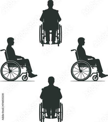 Wheelchair silhouette, disability inclusion, accessible design, seated posture, mobility aid, community support, circular arrangement, medical care, rehabilitation concept, human diversity, 