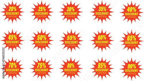 A red starburst seal graphic with yellow text indicating a percent off discount offer set for sales and promotions