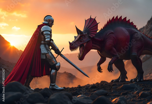 Medieval Knight Confronting a Dragon at Sunset