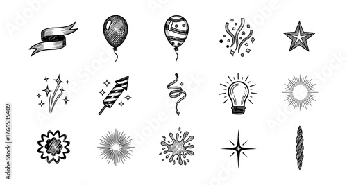 Hand drawn celebration icons: fireworks, balloons, ribbons, stars, and lightbulbs