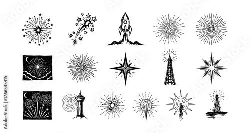 Retro fireworks and rockets sketch set with vintage astronomical illustrations