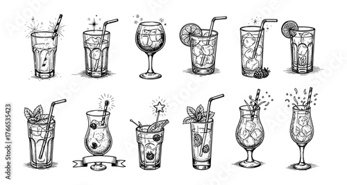 Hand drawn cocktail collection with sparkling details and ingredients