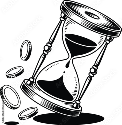 Hourglass with falling coins illustration time sand