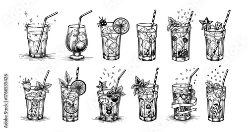 Hand drawn collection of cocktail glasses with fruits and garnishes