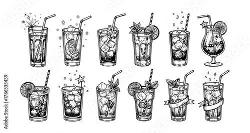 Hand drawn cocktail collection with ice and citrus garnishes in glasses