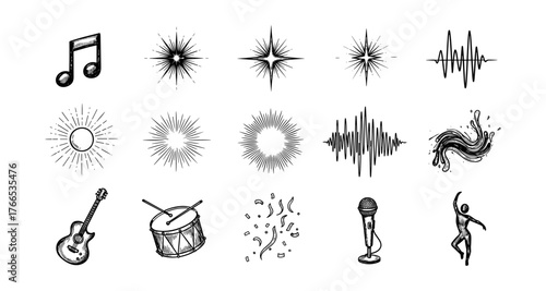 Hand-drawn musical elements and dance icons with dynamic sound waves