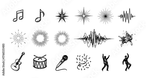 Musical elements: notes, instruments, and dynamic sound waves in artful linear style
