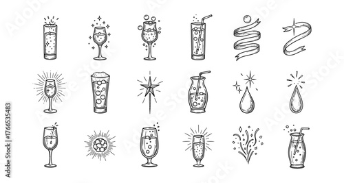 Hand drawn drink icons set featuring sparkling and decorative beverage glasses