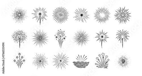 Collection of decorative fireworks icons in black and white for celebrations and festive designs