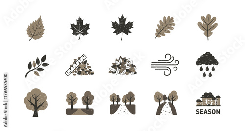 Autumn elements collection: leaves, trees, and seasonal weather icons
