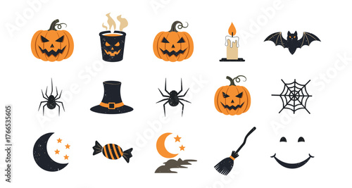 Halloween icons: pumpkin, witch hat, bat, and more in flat design