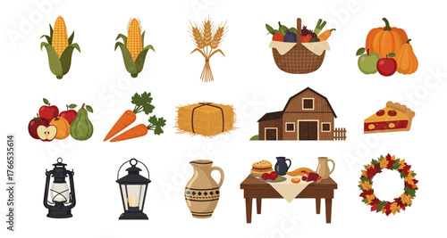 Harvest season elements with barn, pumpkins, and autumn fruits