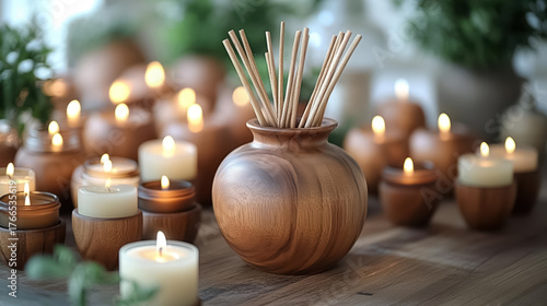 Beautiful Wooden rustic aroma set in room with sticks and candles