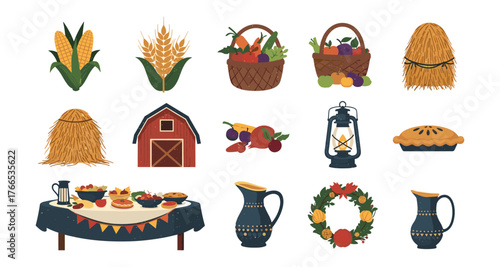Harvest festival icons set featuring autumn produce, baskets, and decorations