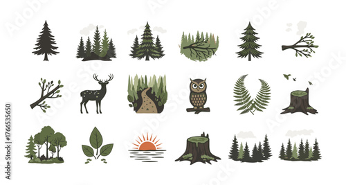 Nature and wildlife icons in flat style