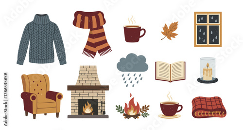 Cozy autumn elements: sweater, hot drinks, rain, and fireplaces for seasonal comfort