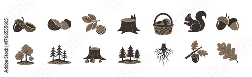 Natural forest elements: acorns, leaves, and wildlife in vintage style