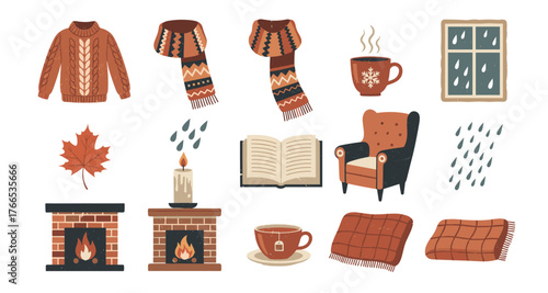 Cozy autumn essentials with sweater, scarves, and warm beverages for a comforting fall day