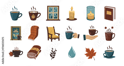 Cozy autumn elements with coffee, candles, and warm home decor