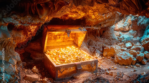 Cave with an open treasure box filled with shiny gold