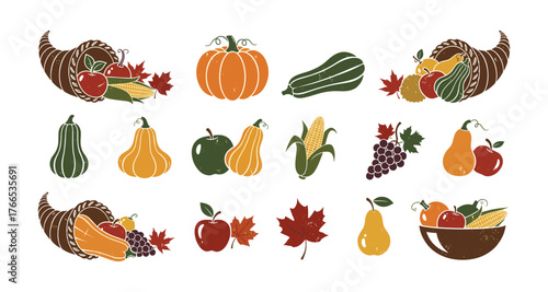 Colorful autumn harvest collection with pumpkins, corn, and fruits in flat style