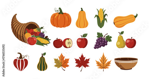 Autumn harvest elements set featuring cornucopia, vegetables, fruits, and leaves