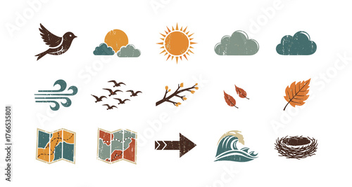 Vintage nature elements with birds, sun, clouds, and leaves in retro style