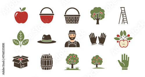 Orchard harvest icons: rustic farm elements and tools with trees and fruit