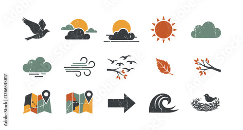 Retro weather and nature icons with grunge effect for fall themes