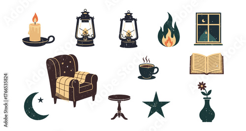 Cozy home elements with vintage lanterns and relaxing nighttime ambiance