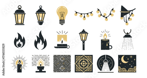 Vintage lanterns and mystic decorations with candles and moonlit designs
