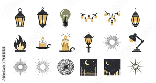 Vintage lantern and light elements collection with rustic decorative designs