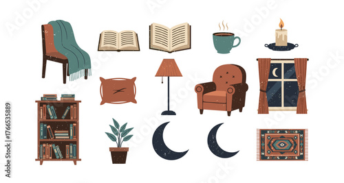 Cozy living room elements for relaxation and reading with soft vintage aesthetic