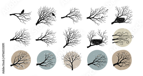 Nature silhouette branches with birds and nests on textured circles
