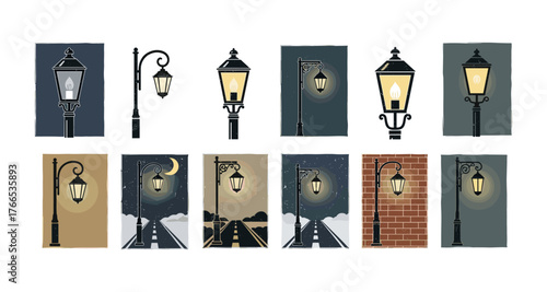 Vintage street lamps set against nighttime and evening backdrops